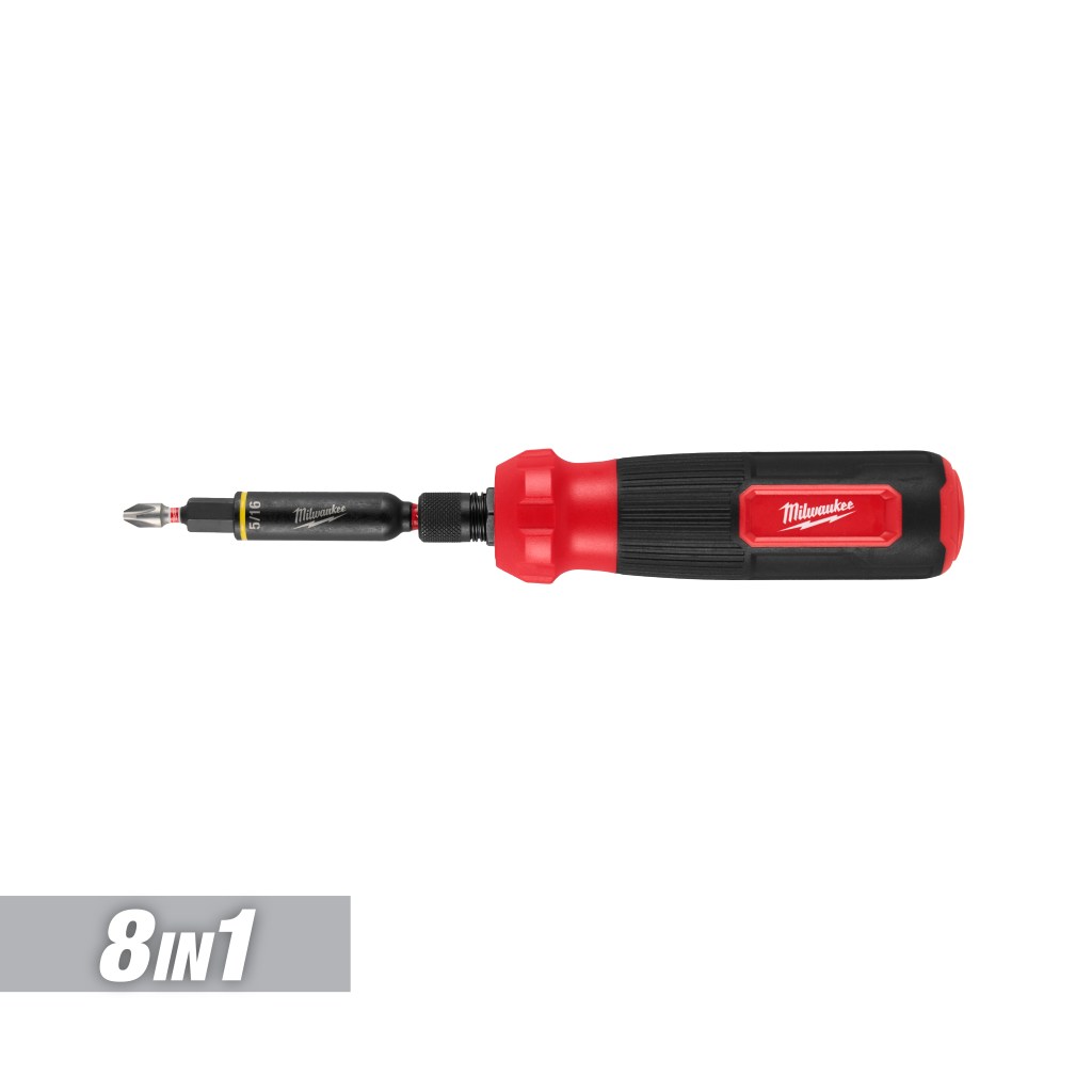 Milwaukee 8-in-1 screwdriver with a red and black handle and interchangeable bit holder.