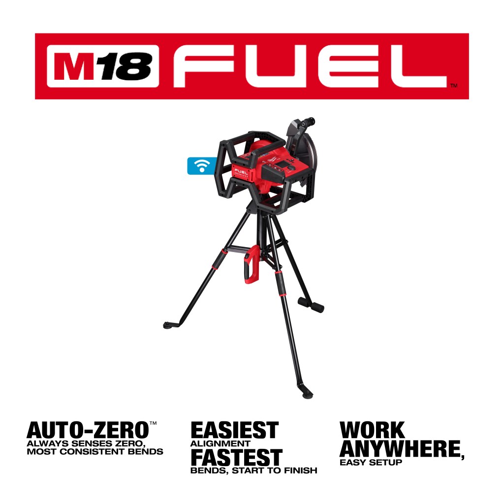 M18 Fuel device on a tripod stand, featuring wireless capability and marked with key features like Auto-Zero, easiest alignment, fastest bends, and easy setup.