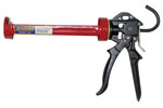 A red and black caulking gun for applying sealant or adhesive.