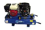 A blue air compressor with a gasoline engine, featuring a red and black engine cover and various controls.