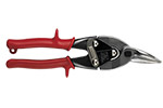 A pair of metal snips with red rubber handles, designed for cutting metal or other materials.