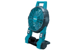 A portable blue and black fan with a handle and a sturdy base.