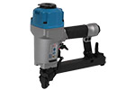 A pneumatic nail gun with a blue top and gray body, designed for fastening materials together.