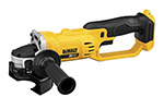 A cordless angle grinder with a yellow and black design, featuring a side handle and a metal grinding disc attachment.