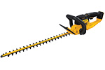 Electric hedge trimmer with a yellow and black design, featuring a long cutting blade and ergonomic handle.