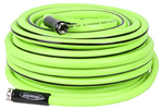 A coiled green garden hose with black fittings.