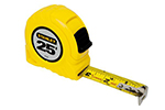 Close-up of a yellow tape measure with a 25-foot length and a rubberized case.