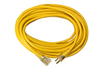 A coiled yellow extension cord with two plugs at each end.