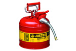 A red safety gas can with a yellow label and a metal spout.