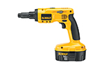 A yellow cordless screwdriver with a black handle and battery compartment, featuring a drill bit at the front.