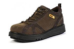Brown athletic shoes with a cushioned sole and textured fabric upper.