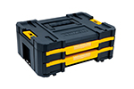 Sturdy black and yellow stacking tool box with a handle and two sliding drawers.