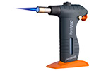 A handheld butane torch lighter with a blue flame, featuring a black body and orange base.