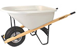 A white wheelbarrow with a wooden handle and a single wheel.