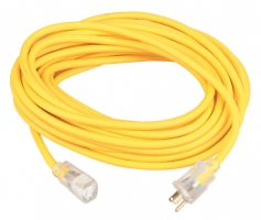 A coiled yellow extension cord with two plugs at either end.