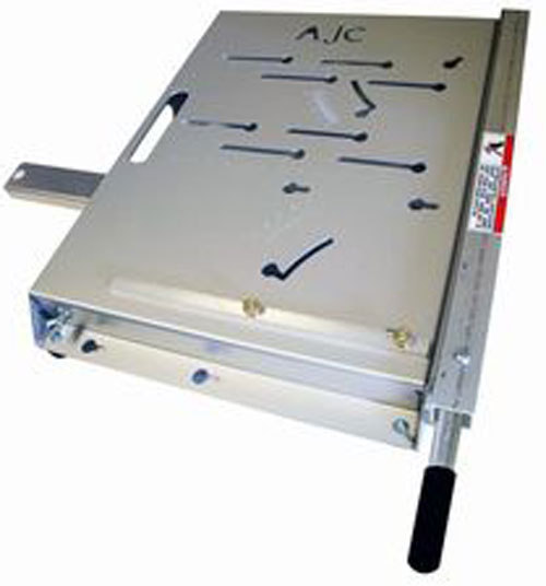 A metal cutting board with various slot patterns and a sliding guide handle, designed for precision cutting.