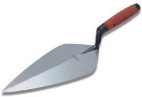 A stainless steel trowel with a pointed blade and a red rubber handle.