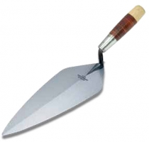 A metal trowel with a pointed blade and a wooden handle.