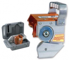 A tape measure with a metal casing and an orange body, displayed next to a protective case.