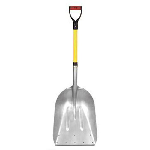 A metal shovel with a wide blade and a yellow handle.