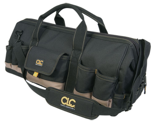 A black tool bag with multiple pockets and compartments, featuring a sturdy handle and an adjustable shoulder strap.