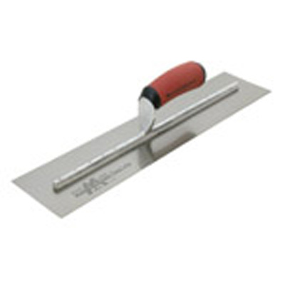 A stainless steel trowel with a red rubber grip handle, used for smoothing and applying materials like plaster or concrete.
