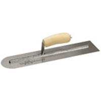 A stainless steel finishing trowel with a wooden handle, commonly used in masonry and plastering.