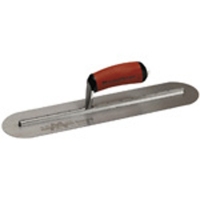 A stainless steel trowel with a wooden handle, commonly used in masonry and plastering.