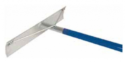 A metal squeegee with a blue handle, typically used for cleaning or spreading liquids.