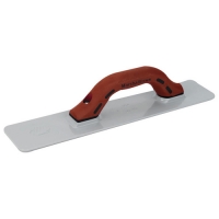 A stainless steel trowel with a curved brown handle designed for finishing surfaces.