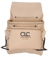 A beige leather tool pouch with multiple pockets and a branded logo from Custom LeatherCraft.