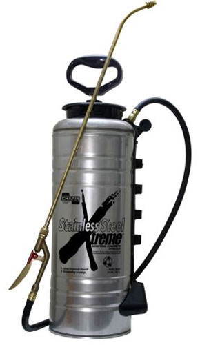 A stainless steel Xtreme garden sprayer featuring a long nozzle and a hand pump for spraying liquids.