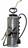 Metal sprayer with a long nozzle and pump handle, used for applying pesticides or herbicides.