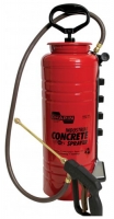 A red concrete sprayer with a handle, flexible hose, and nozzle for spraying concrete or other materials.