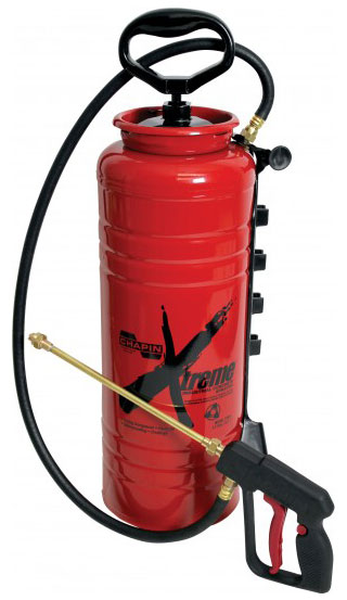 A red Chapin Xtreme pressure sprayer with a black handle, hose, and gold spray lance attached.