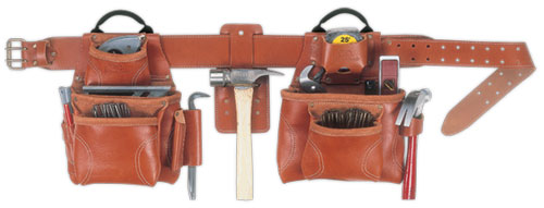 A leather tool belt with multiple pouches, equipped with various tools including a hammer, measuring tape, and wrenches.