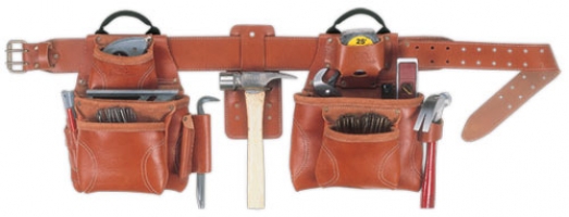A leather tool belt with two pouches, holding various tools such as a hammer, pliers, and measuring tape.
