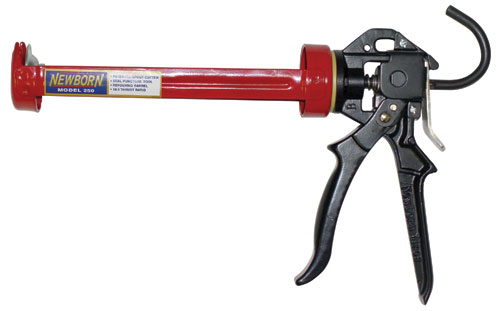 A red caulking gun with a black trigger and nozzle, labeled 'NEWBORN MODEL 250'.