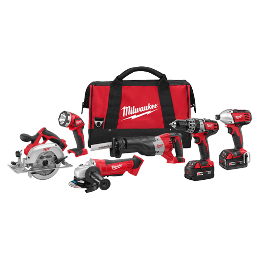 A collection of Milwaukee power tools, including a circular saw, reciprocating saw, impact driver, drill, and flashlight, organized with two battery packs and a red carrying case.