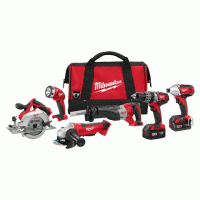 A set of Milwaukee power tools including a circular saw, a reciprocating saw, a grinder, two cordless drills, and a flashlight, all packed in a red and black carrying bag.