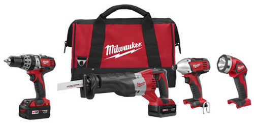 A set of Milwaukee power tools including a drill, reciprocating saw, impact driver, and flashlight, arranged beside a red tool bag.