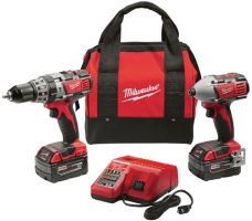 A Milwaukee power tool set featuring a drill, impact driver, two batteries, a charger, and a carrying bag.