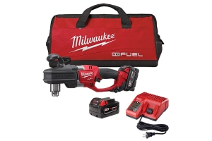 Milwaukee cordless drill kit with a red carrying bag, including a drill, battery, and charger.
