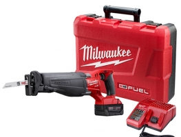 Milwaukee reciprocating saw kit including the saw, battery, charger, and hard case.