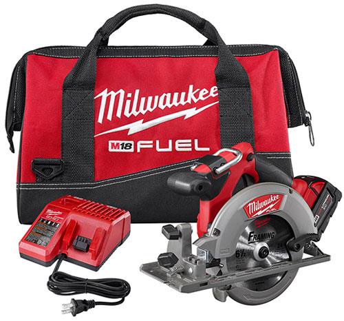 Milwaukee M18 Fuel circular saw kit, including a circular saw, battery charger, and a red carrying case.