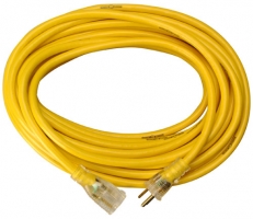A coiled yellow extension cord with two plug ends.
