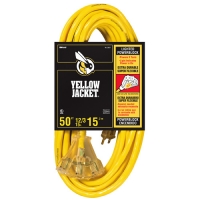 A 50-foot extension cord in a yellow color, branded with the Yellow Jacket logo, showcasing durability and outdoor use. The packaging indicates it is a 12/3 gauge cord suitable for various electrical applications.