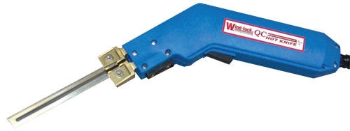 Electric hot knife tool with a blue handle and stainless steel blade designed for cutting materials like foam.