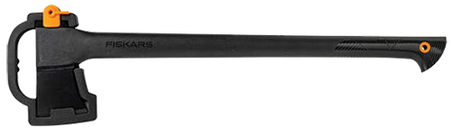 A black and orange Fiskars axe with a sleek design and a textured grip.