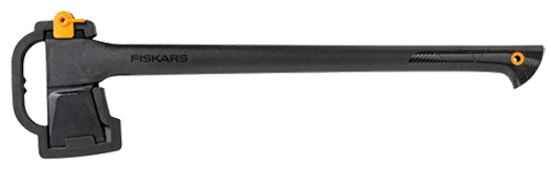 A Fiskars axe with a long handle and a black head, designed for chopping wood.